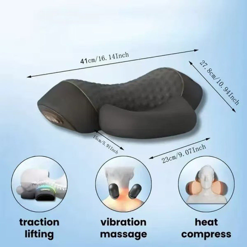 Neck massager dimensions 41cm by 27.8cm with icons for traction lifting, vibration massage and heat compress