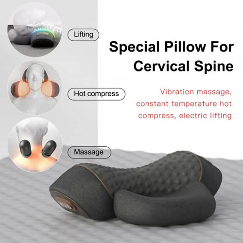 Cervical neck massager showing its three functions: traction lifting, hot compress and vibration massage