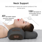 Woman lying back on the contoured neck massager, showing the 40 degree support angle and 135 degree neck cradle