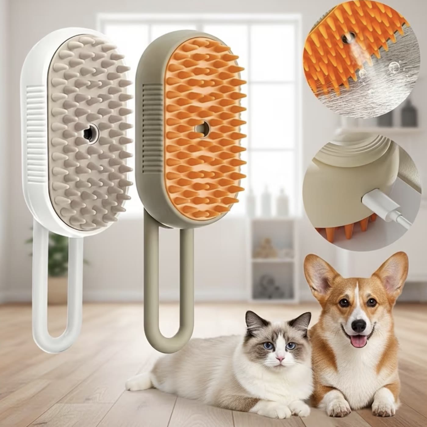 The misting pet brush shown with a cat and a corgi