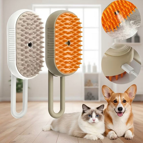 The misting pet brush shown with a cat and a corgi