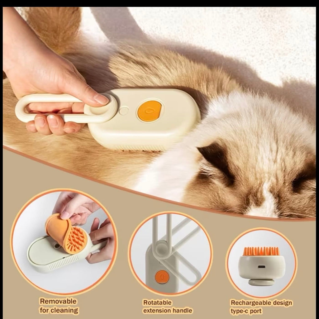 The brush being drawn along a long-haired cat, with removable head, rotating handle and USB-C charging shown