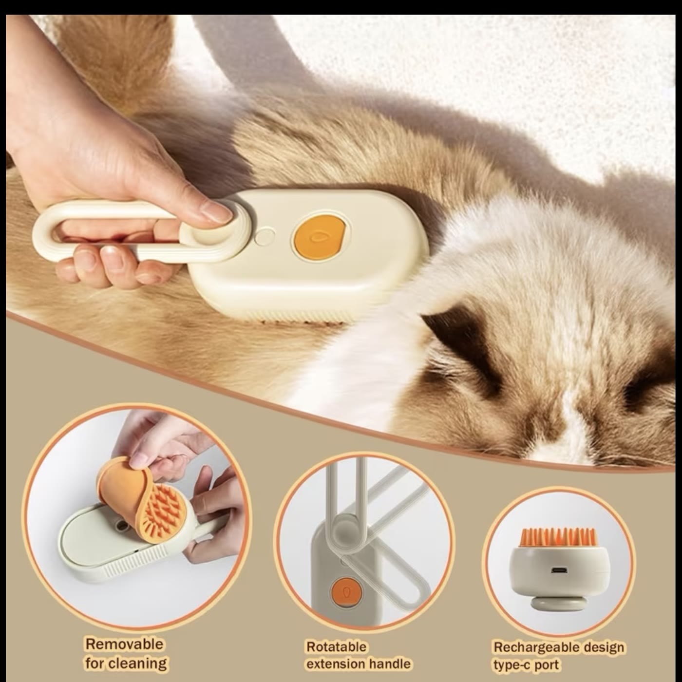 The brush being drawn along a long-haired cat, with removable head, rotating handle and USB-C charging shown