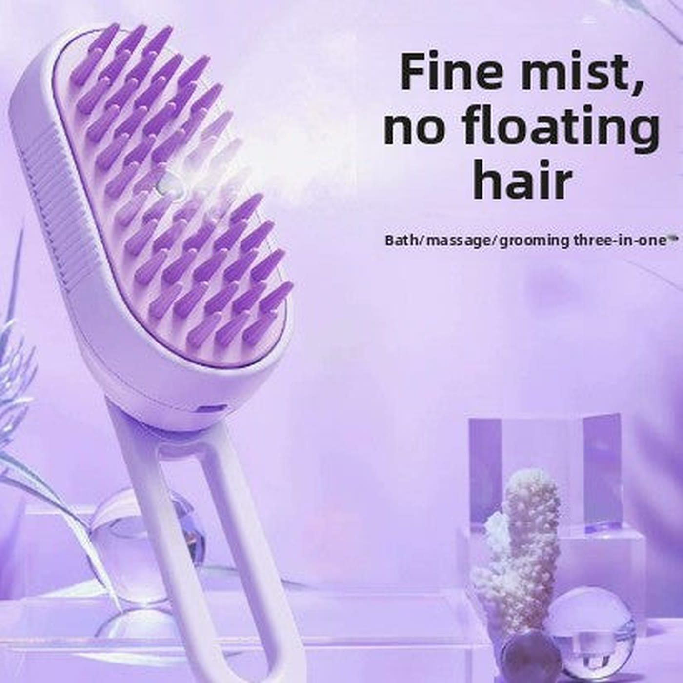 The purple brush releasing a fine mist through its silicone bristles