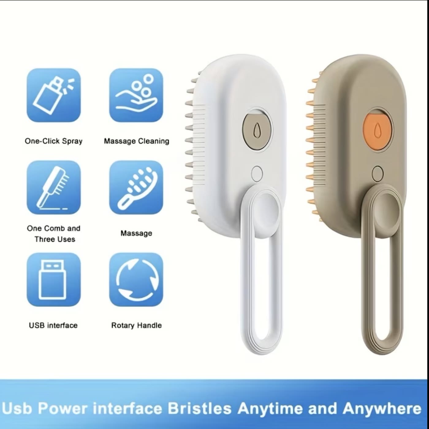 Feature overview: one-click spray, massage cleaning, three uses in one comb, USB interface, rotary handle