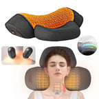 Neck massager with heated centre ridge, shown in use supporting the neck and shoulders