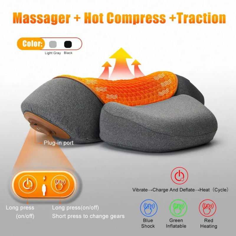 Electric neck massager in Light Grey and Black, showing the heated centre panel and two-button control with vibrate, inflate and heat modes