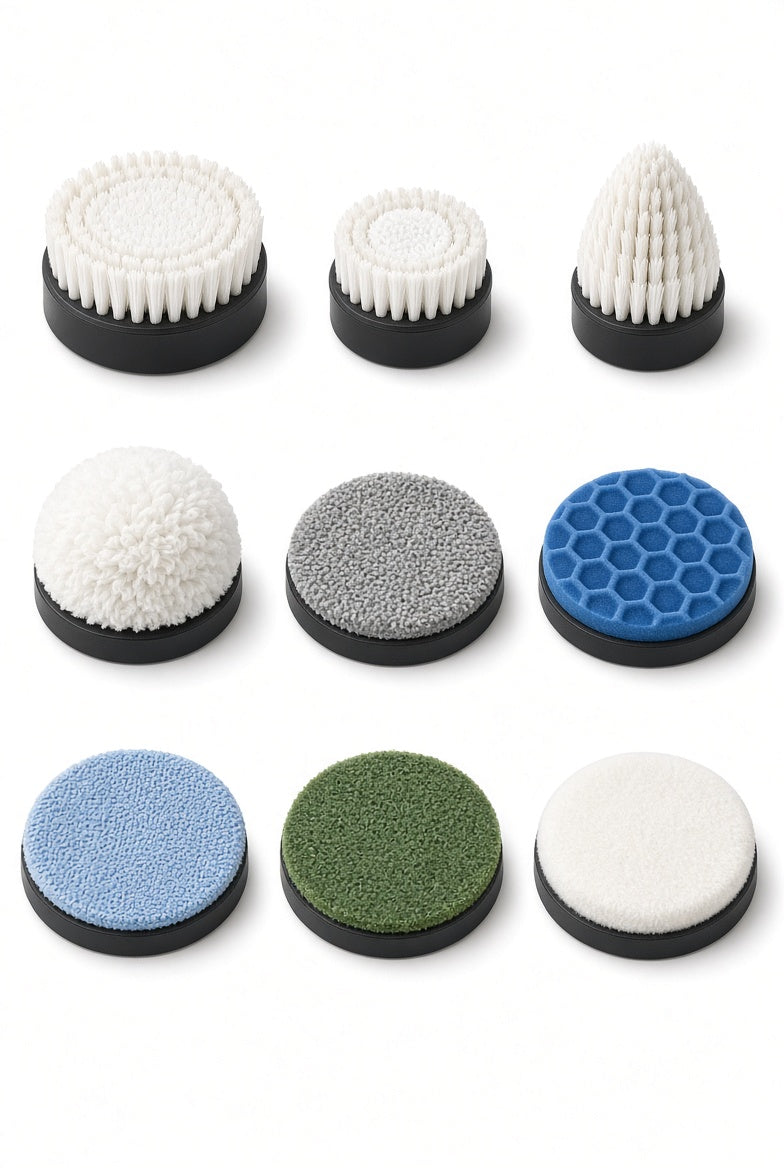 The nine interchangeable Nova Scrub Pro heads: brushes, scouring pads, sponges and buffing pads