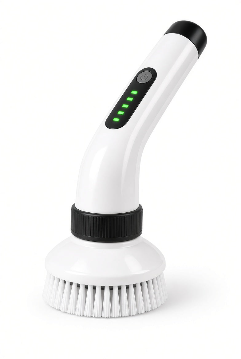 Nova Scrub Pro cordless electric spin scrubber on a white background, showing the LED battery display and brush head