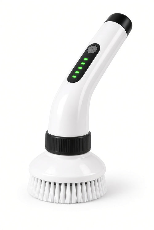 Nova Scrub Pro cordless electric spin scrubber on a white background, showing the LED battery display and brush head