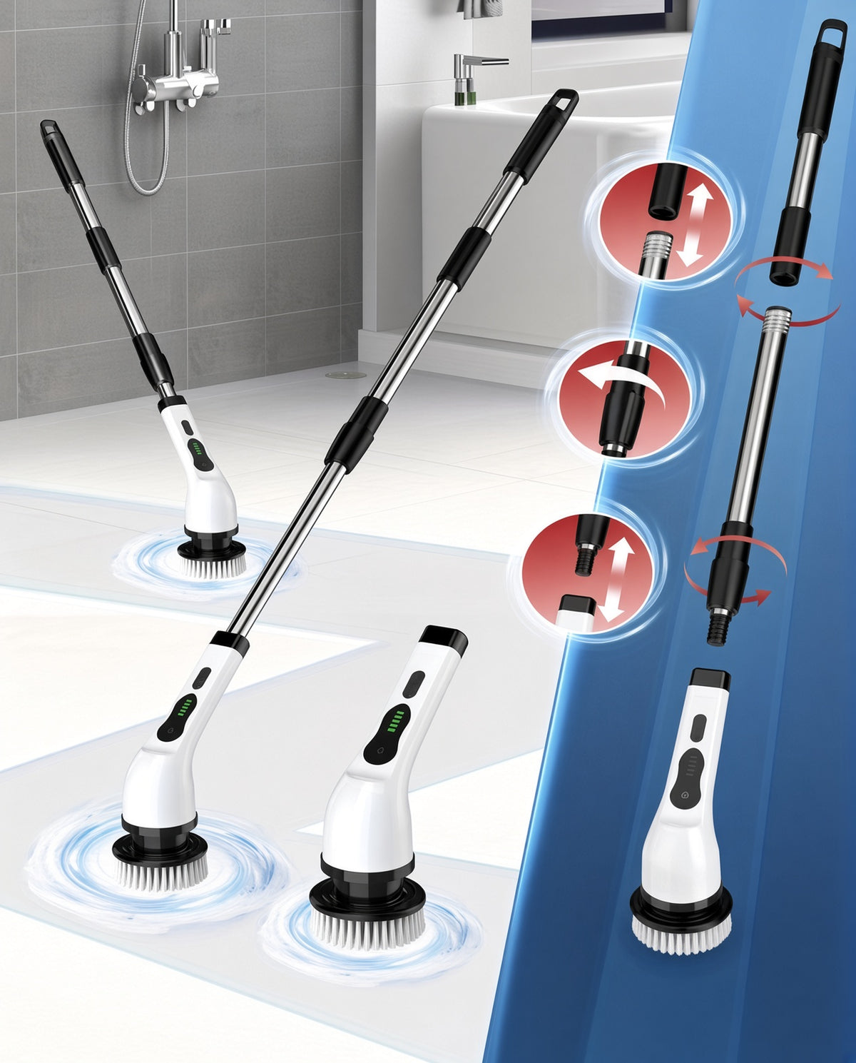 Nova Scrub Pro used at three handle lengths in a bathroom, with pole assembly detail