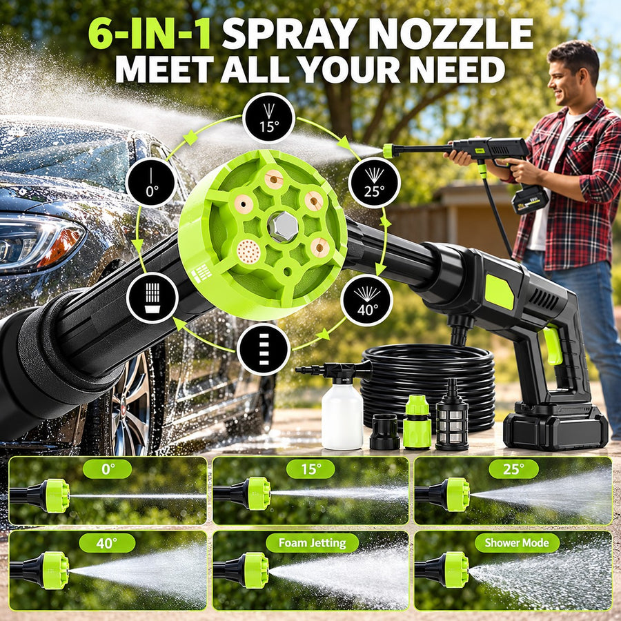 6-in-1 spray nozzle: 0, 15, 25 and 40 degree fans, foam jet and shower